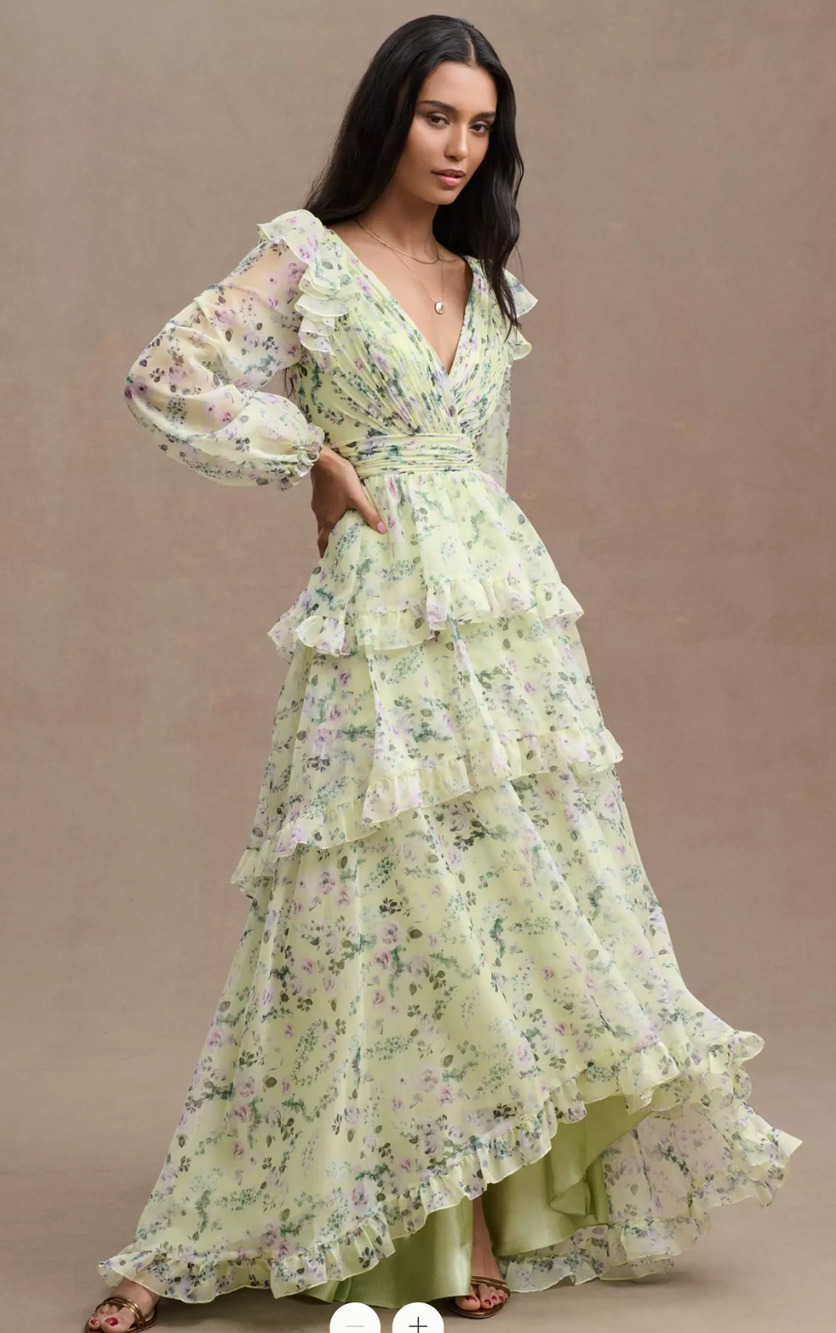 MAC DUGGAL KEY LIME FLORAL TIERED RUFFLE LONG SLEEVE CHIFFON GOWN MAXI DRESS 12